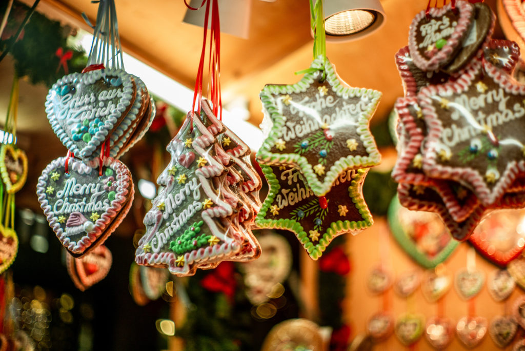 Colorful classical German Gingerbread with Merry Christmas wishes at a typical Christmas market in Zurich in Switzerland - 2