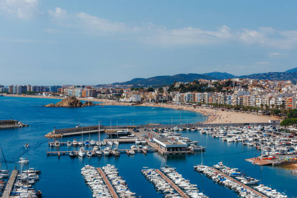 Panoramic aerial view of Blanes in Costa Brava in a beautiful summer day. Spain